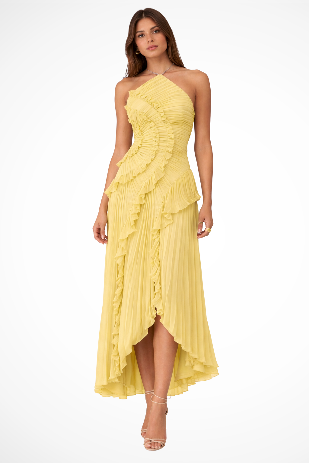 Women's halter neck ruffle maxi dress with open back