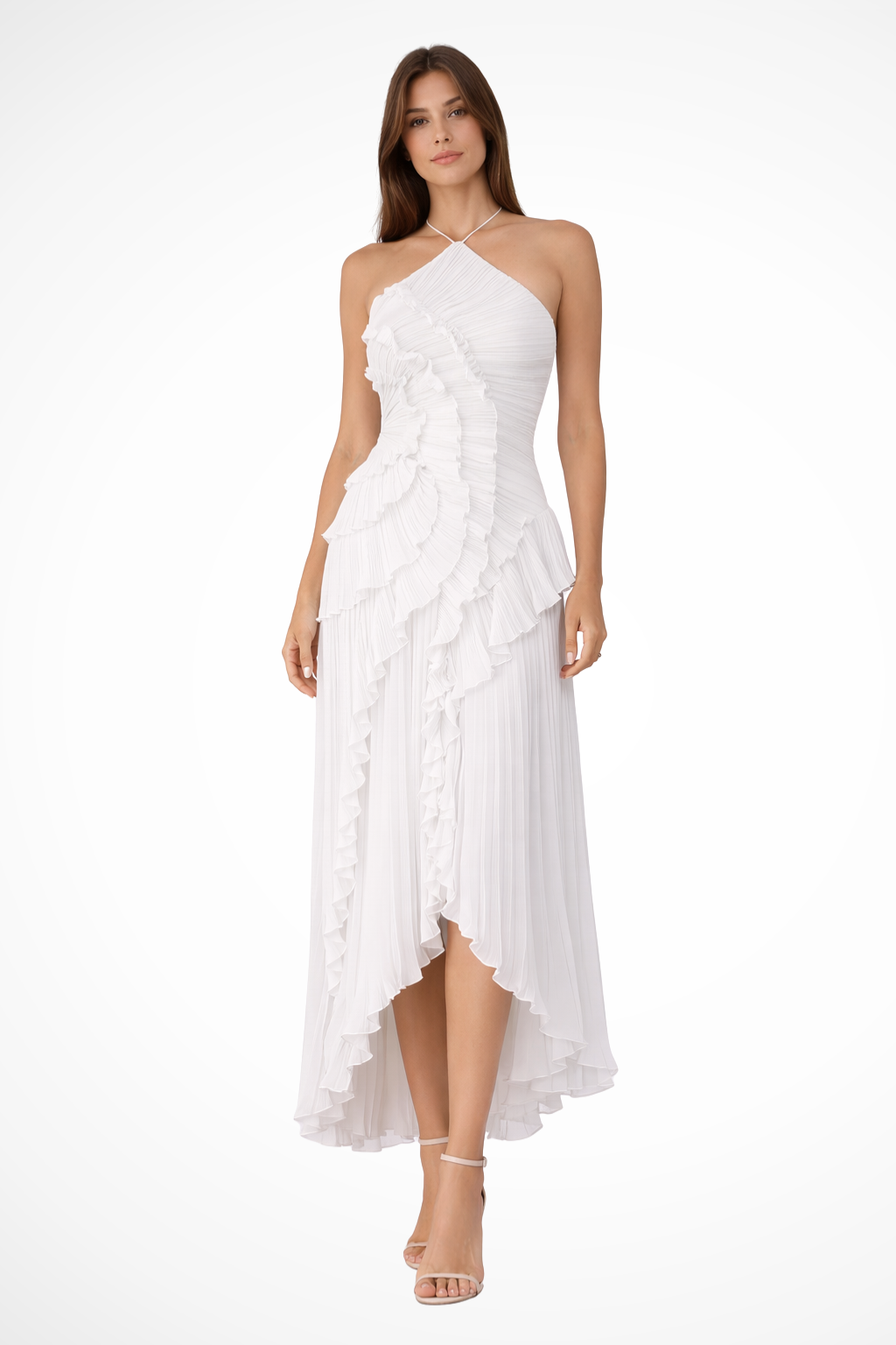 Women's halter neck ruffle maxi dress with open back