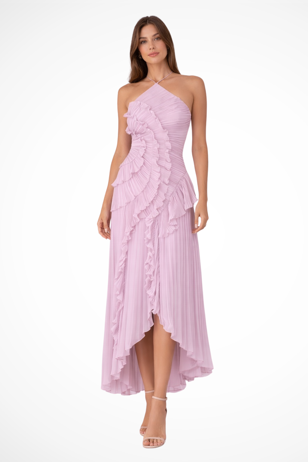 Women's halter neck ruffle maxi dress with open back