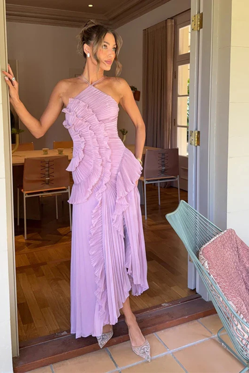 Women's halter neck ruffle maxi dress with open back