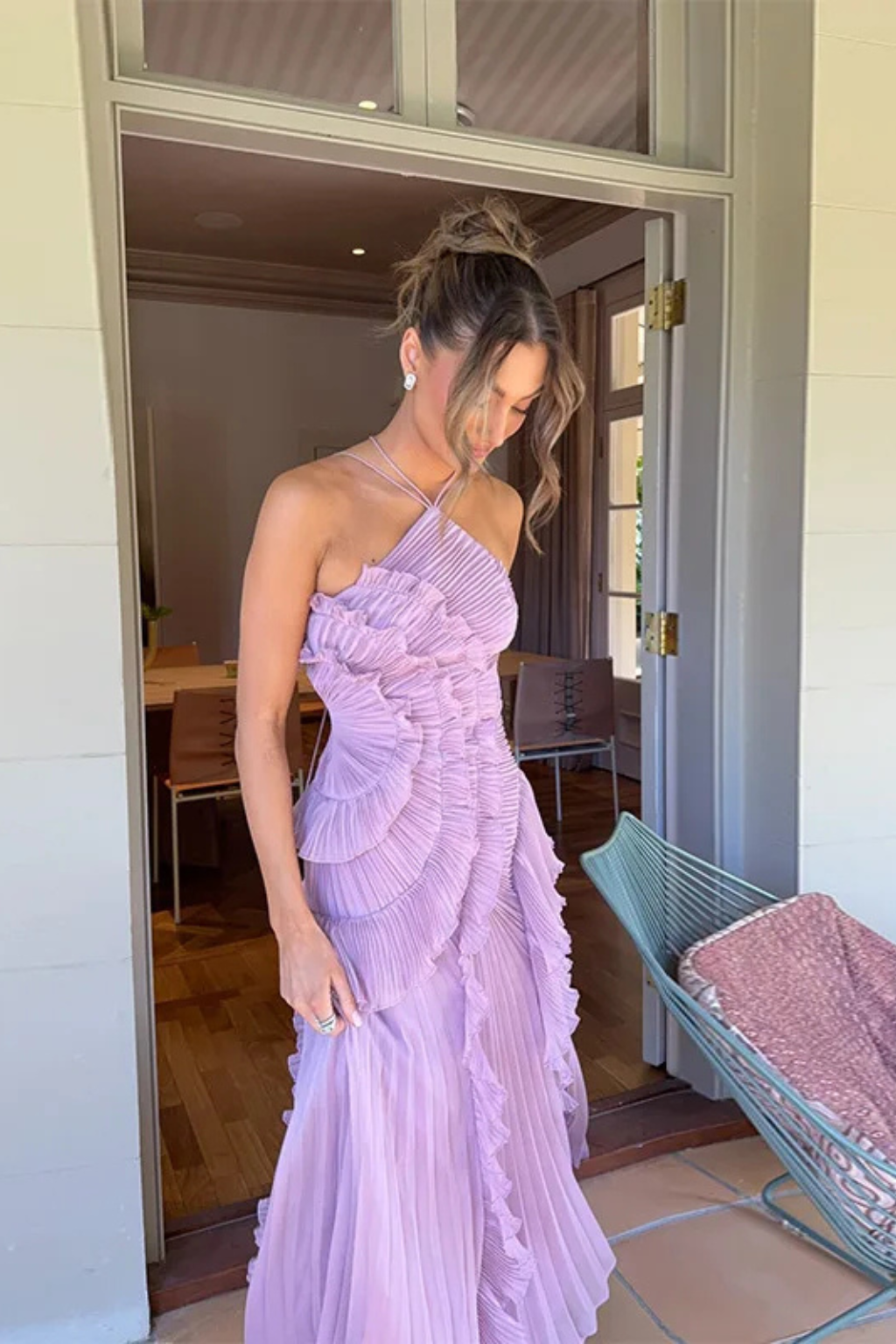 Women's halter neck ruffle maxi dress with open back