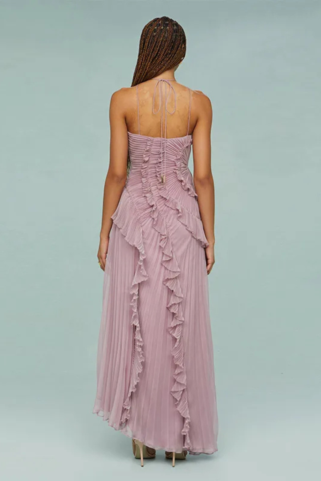 Women's halter neck ruffle maxi dress with open back