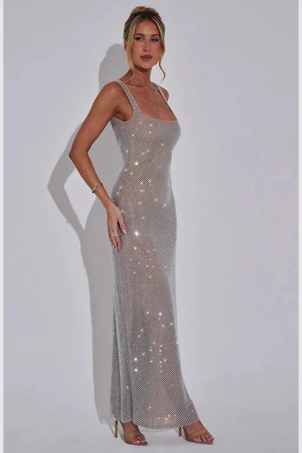 women's crystal gown with a square neck and low back