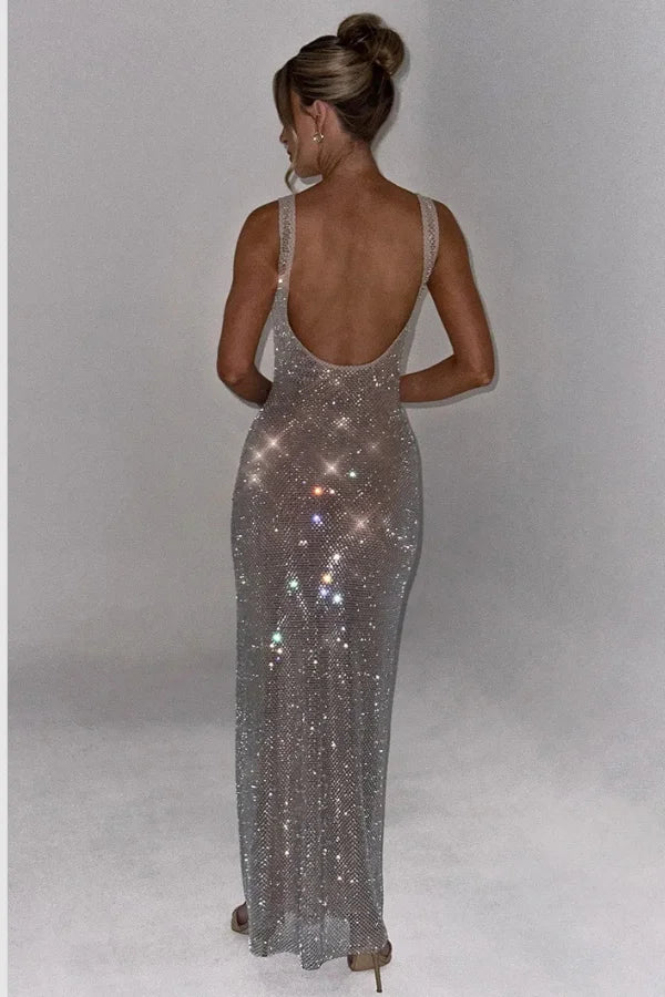 women's crystal gown with a square neck and low back