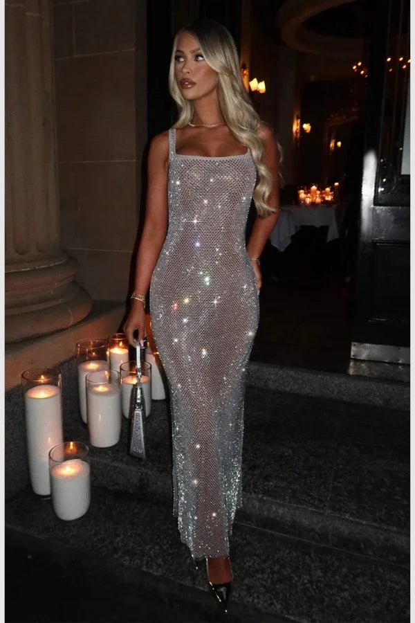 women's crystal gown with a square neck and low back