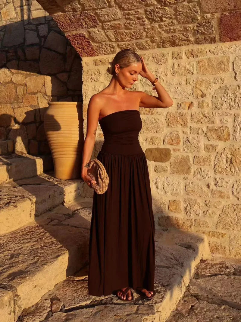 Women's strapless pleated maxi dress for summer occasions