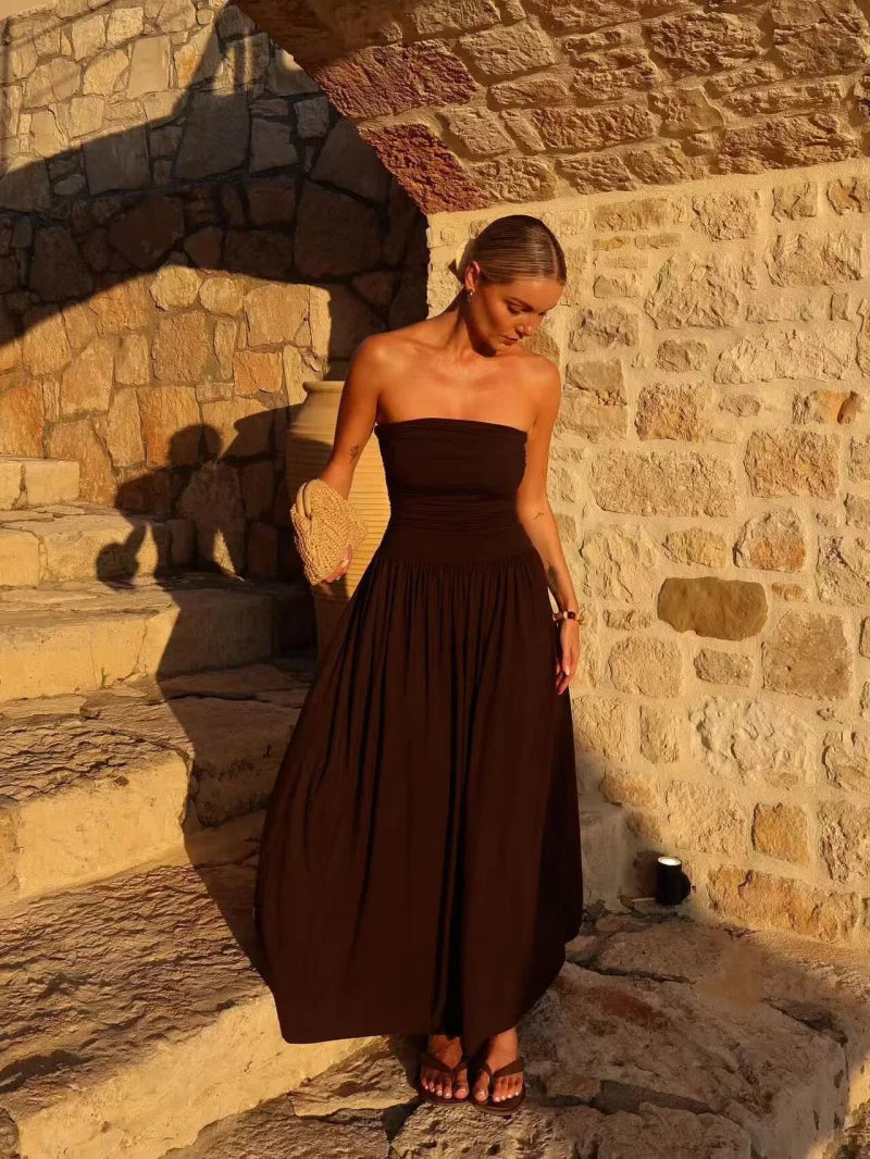 Women's strapless pleated maxi dress for summer occasions