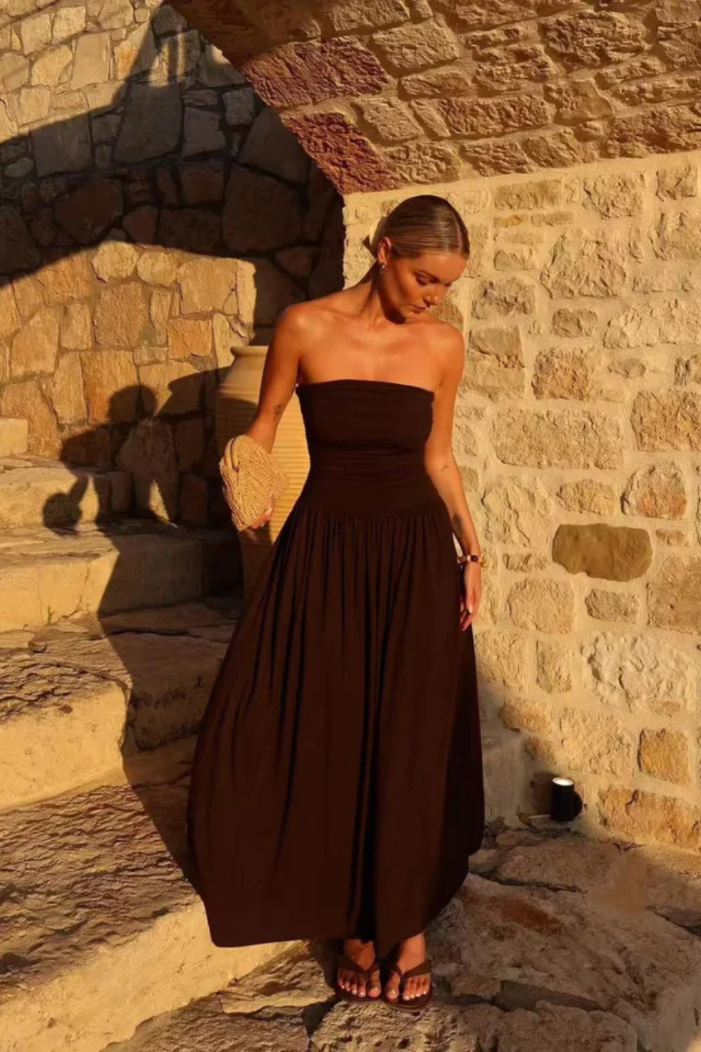 Women's strapless pleated maxi dress for summer occasions