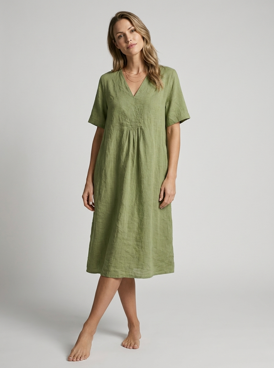 Women's green v-neck linen summer dress with pockets