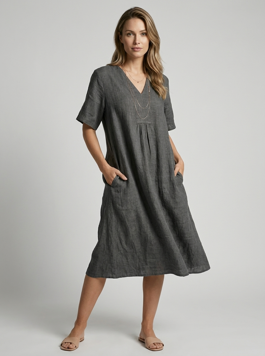 Women's green v-neck linen summer dress with pockets