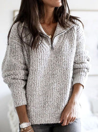 Women's Cable-Knit Zip-Up Jumper with V-Neck Collar