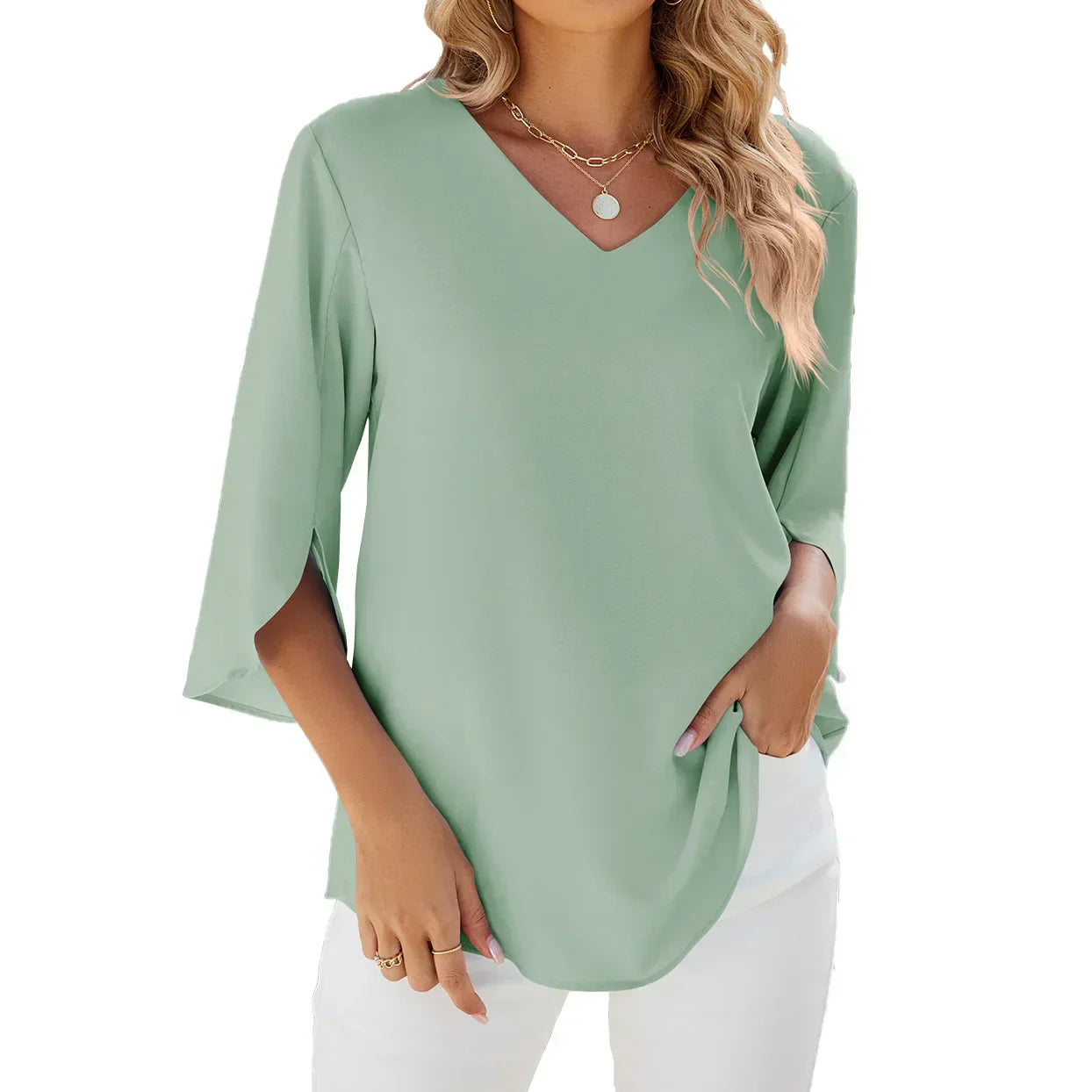 Women's green v-neck blouse with 3/4 sleeves