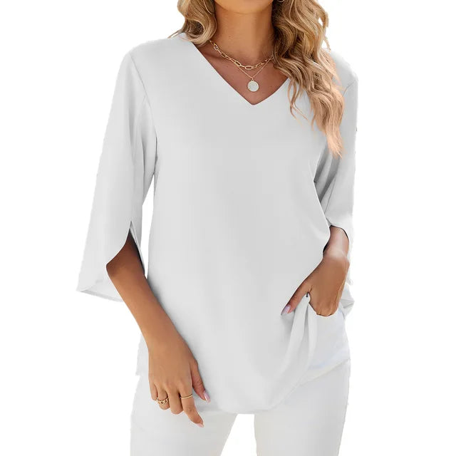 Women's green v-neck blouse with 3/4 sleeves