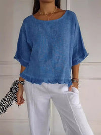 Women's Frayed Edge Blouse with Three-Quarter Sleeves