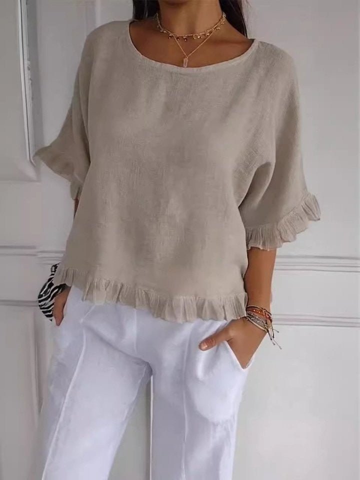Women's green frayed edge blouse with three-quarter sleeves