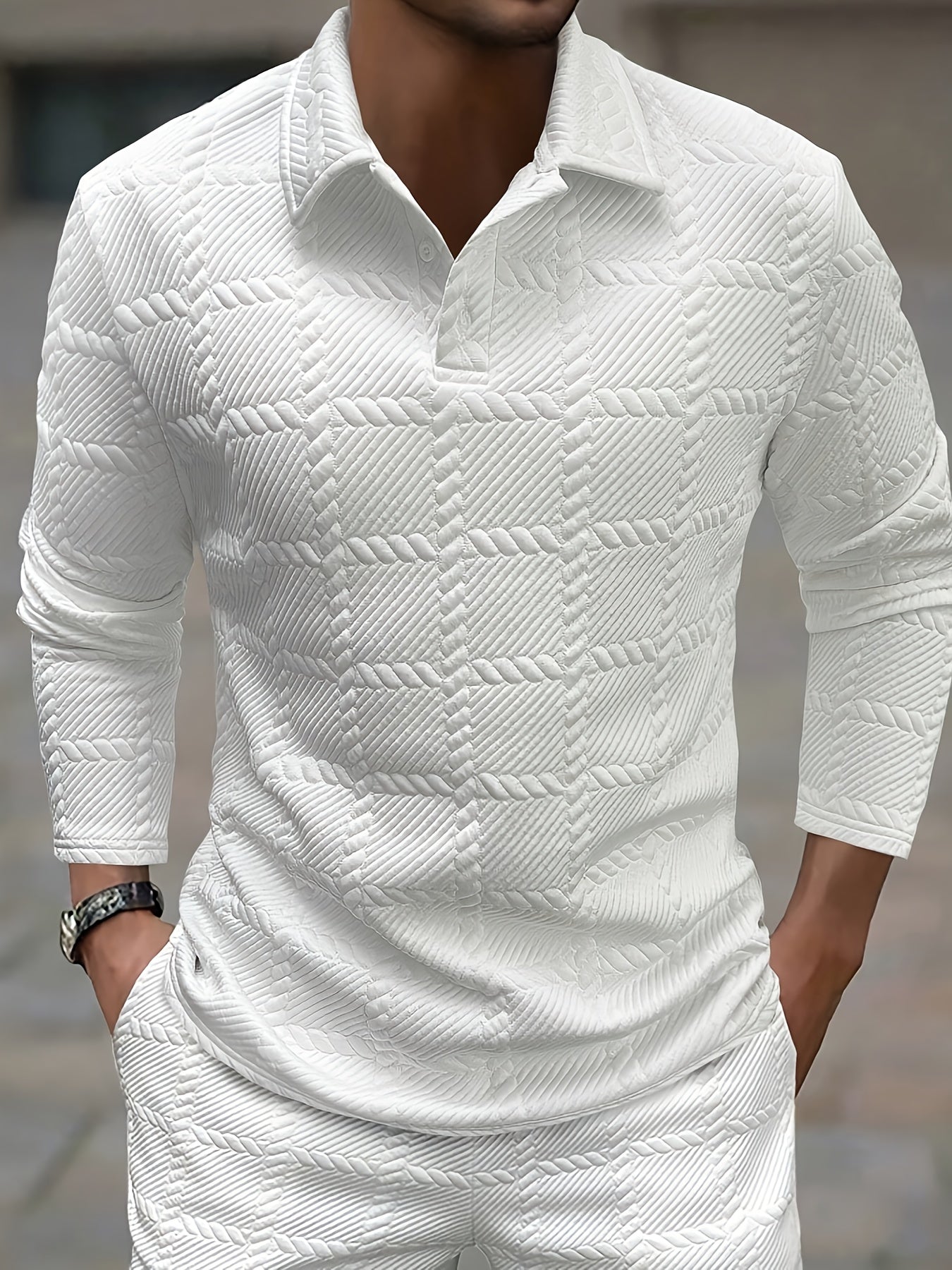 Men's white jacquard textured polo shirt