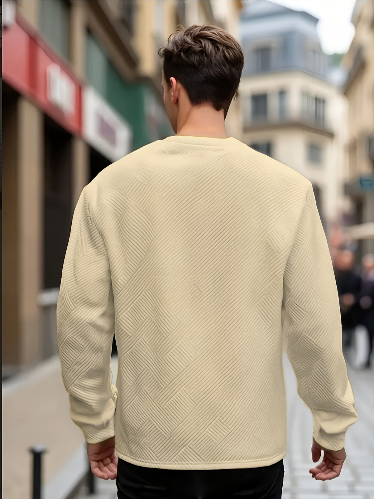 Men's white jacquard crew neck sweatshirt with textured knit pattern