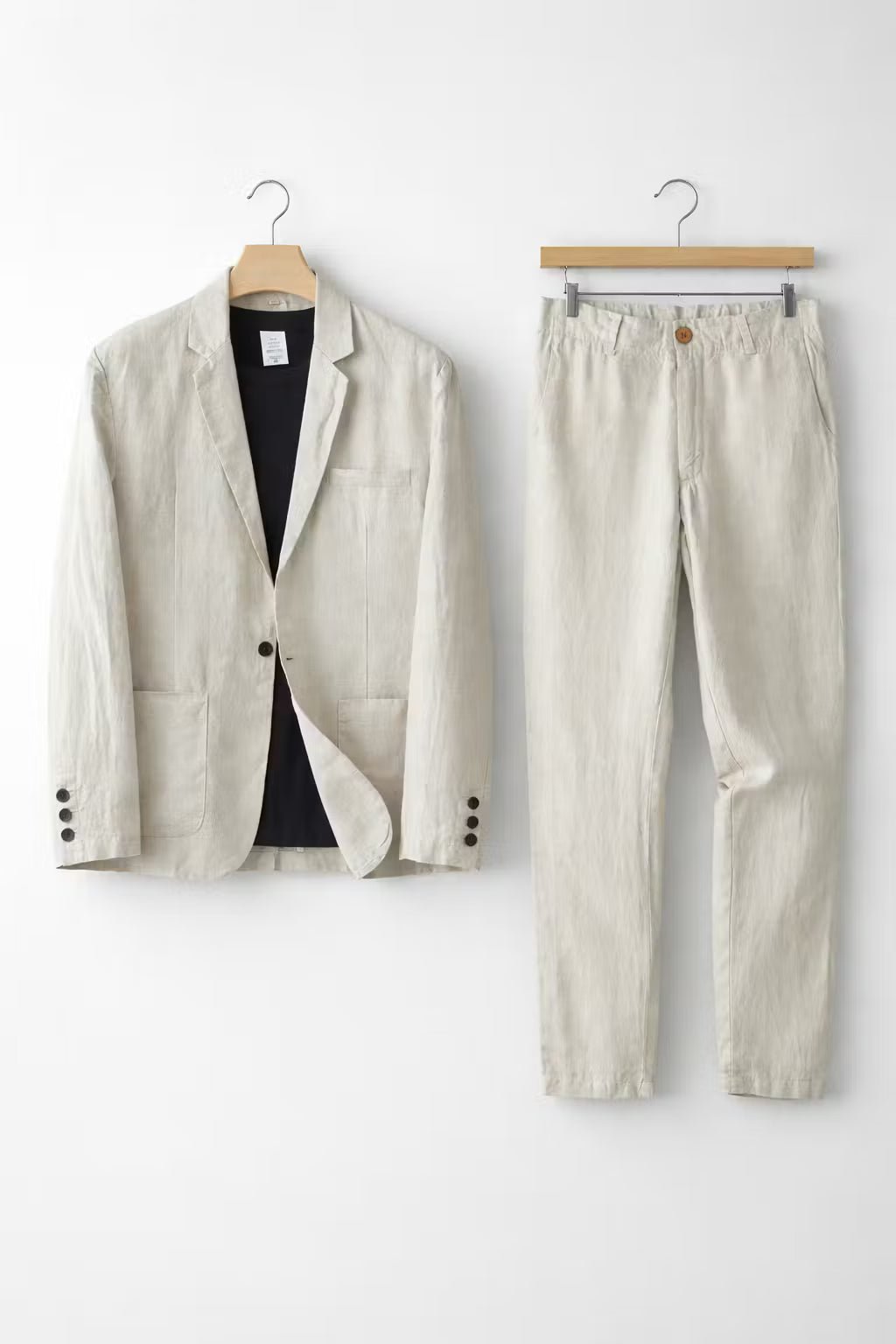 Men's apricot linen two-piece suit with single-button blazer