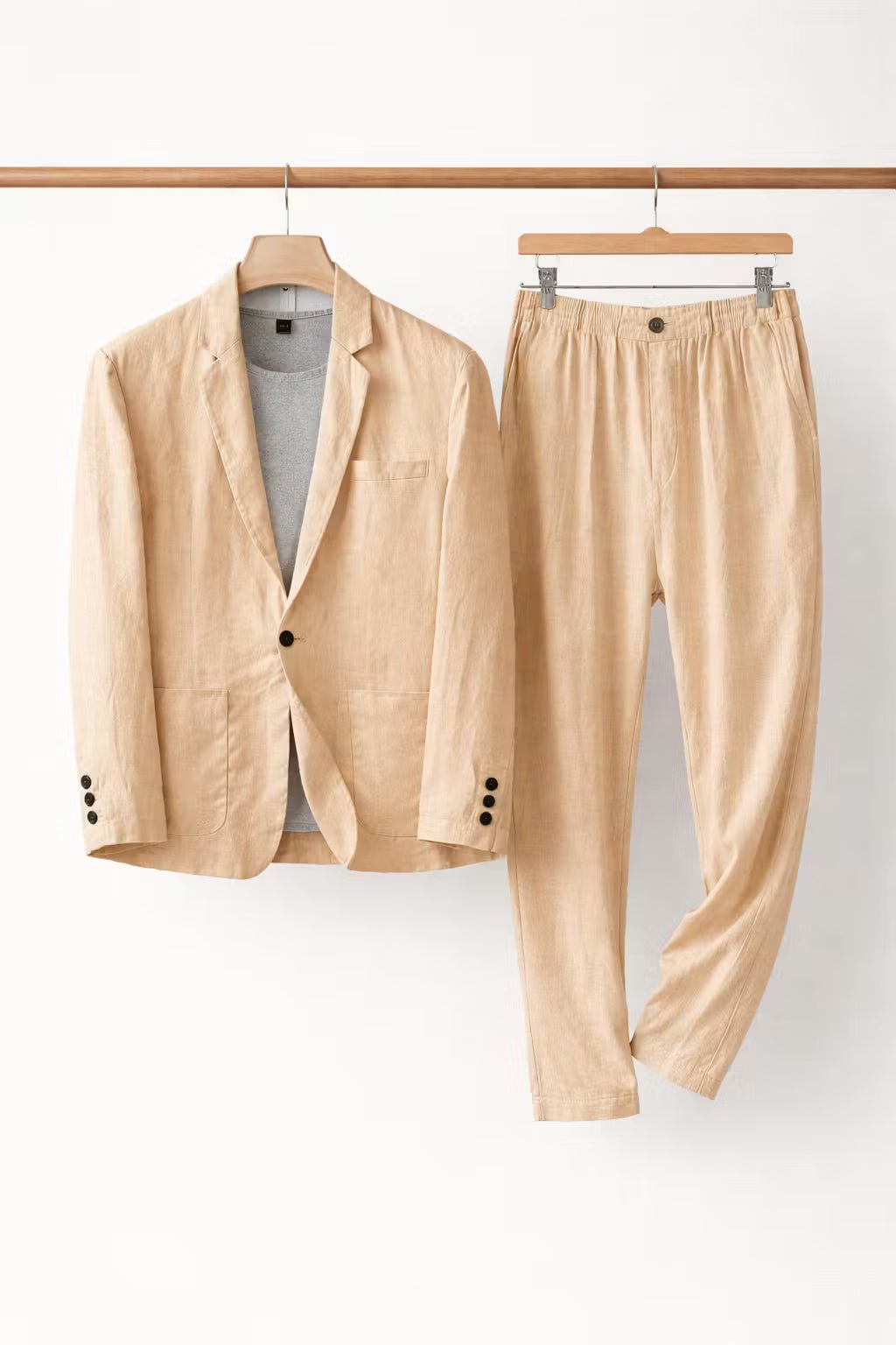 Men's blue linen two-piece suit with single-button blazer