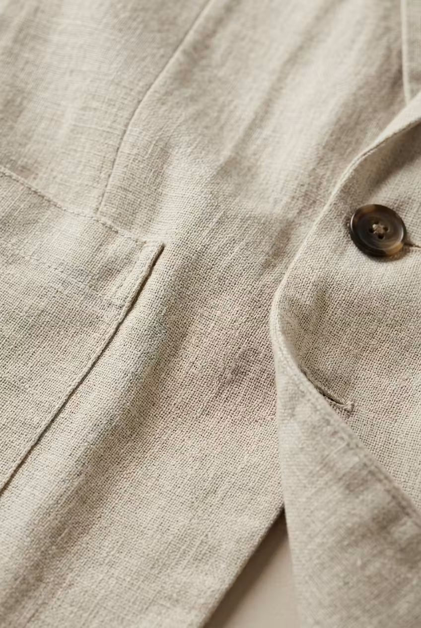 Men's apricot linen two-piece suit with single-button blazer