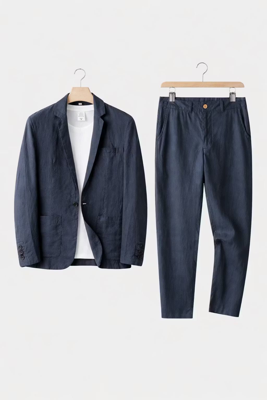 Men's blue linen two-piece suit with single-button blazer