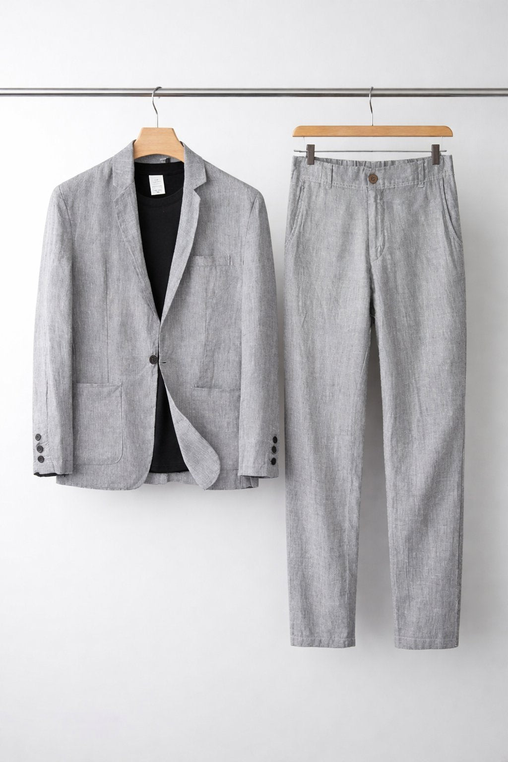 Men's blue linen two-piece suit with single-button blazer