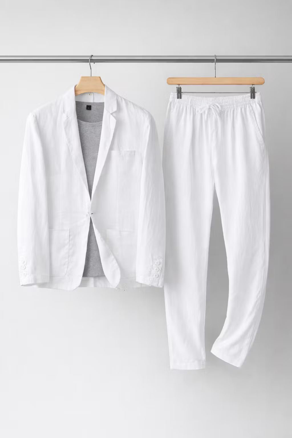 Men's blue linen two-piece suit with single-button blazer