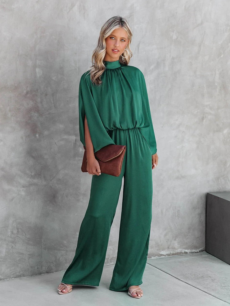 Women's green pleated butterfly-sleeve evening jumpsuit