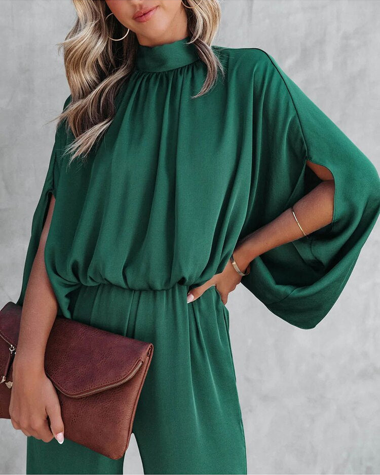 Women's green pleated butterfly-sleeve evening jumpsuit
