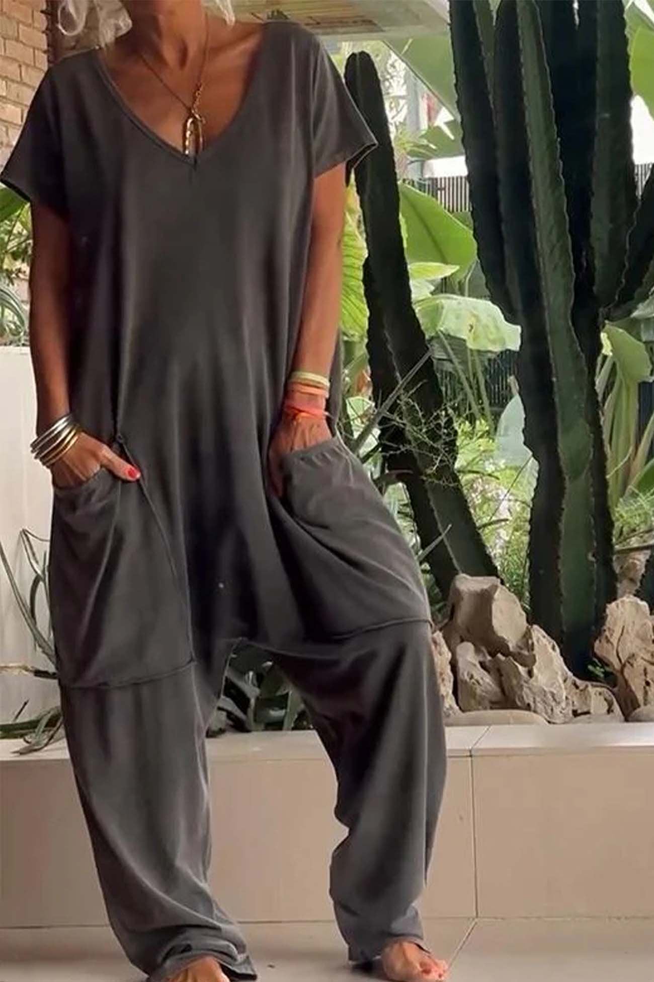 Jumpsuit Women V Neck Wide Leg Oversized Fit 1