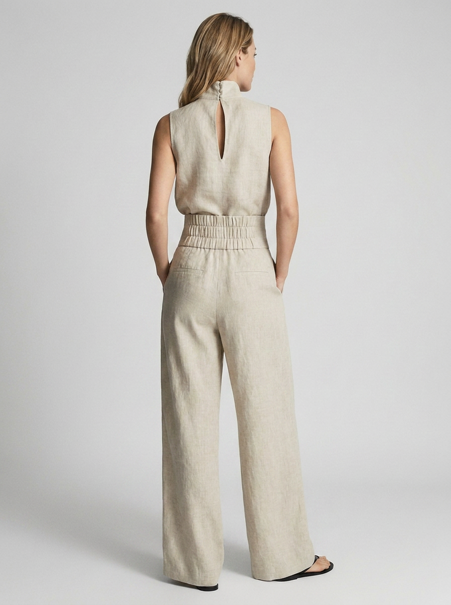 Women's beige sleeveless wide-leg jumpsuit with high waist