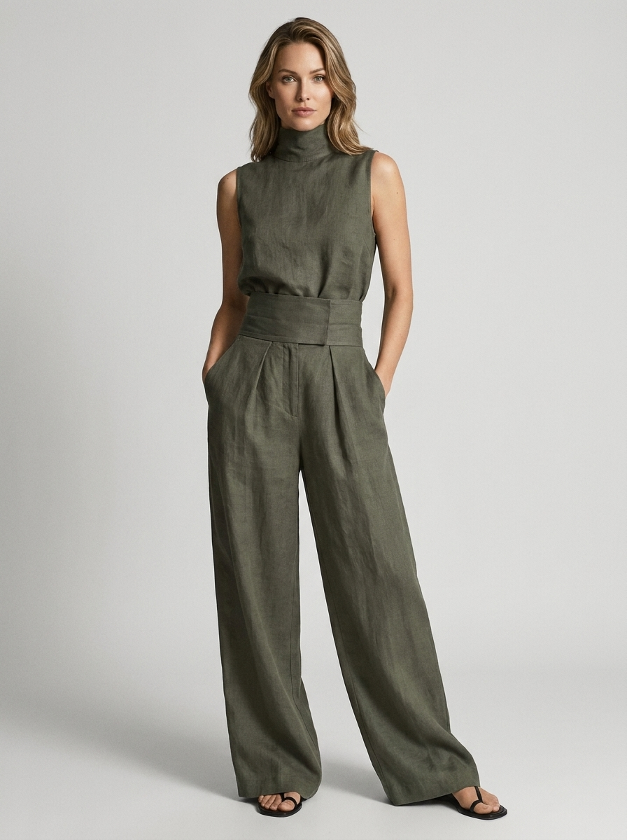 Women's beige sleeveless wide-leg jumpsuit with high waist