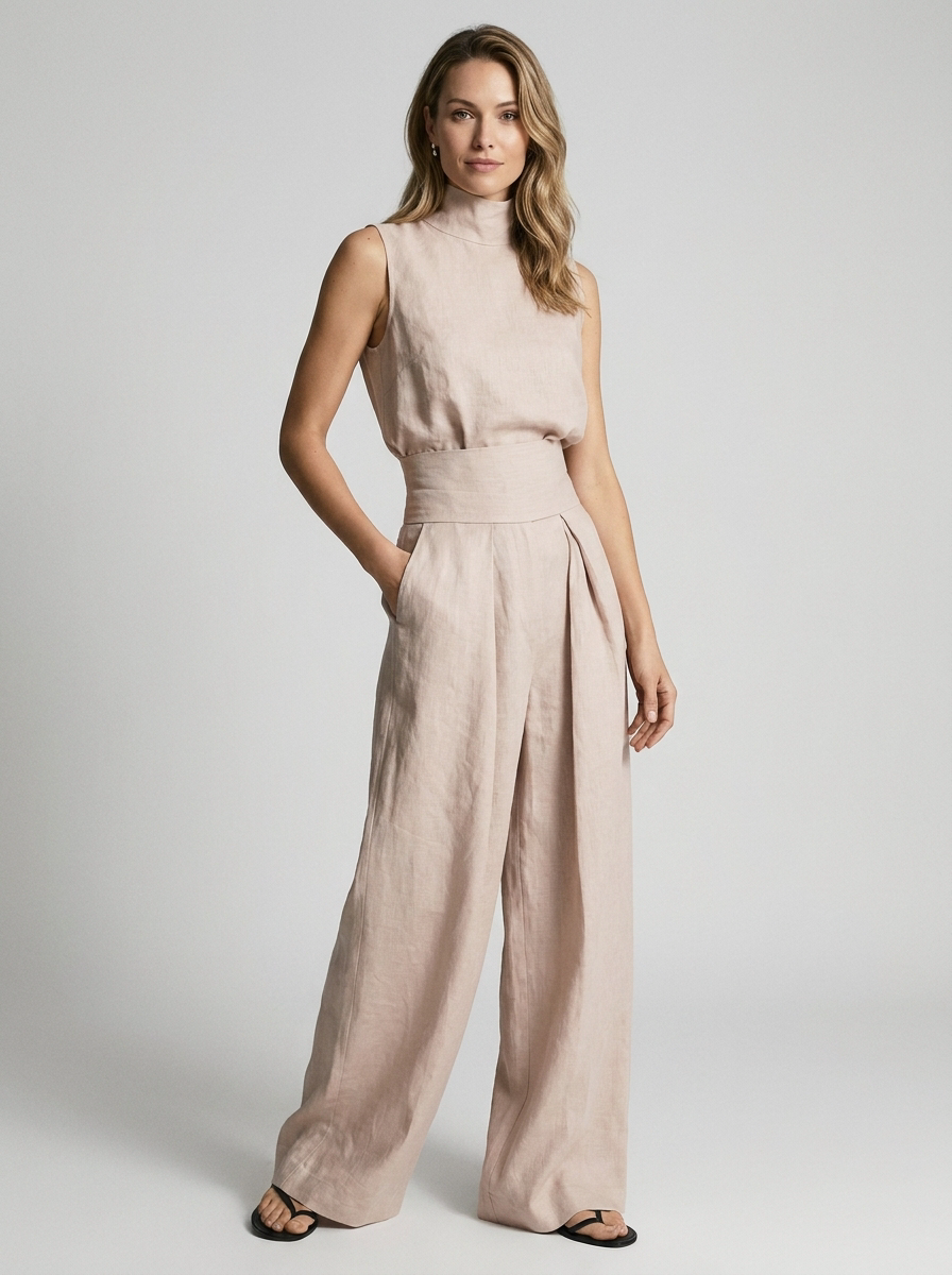 Women's beige sleeveless wide-leg jumpsuit with high waist