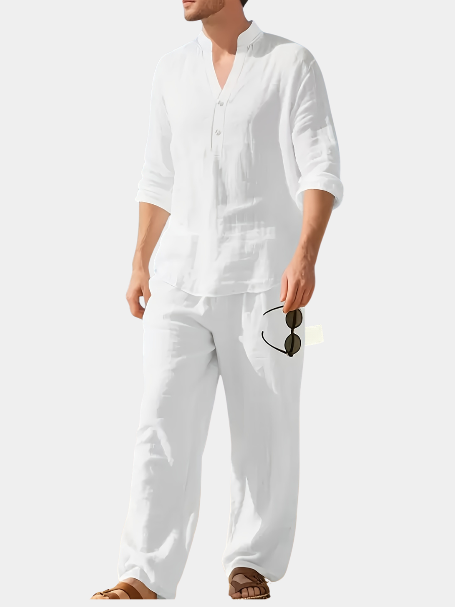 Men's white linen shirt and trouser co-ord set