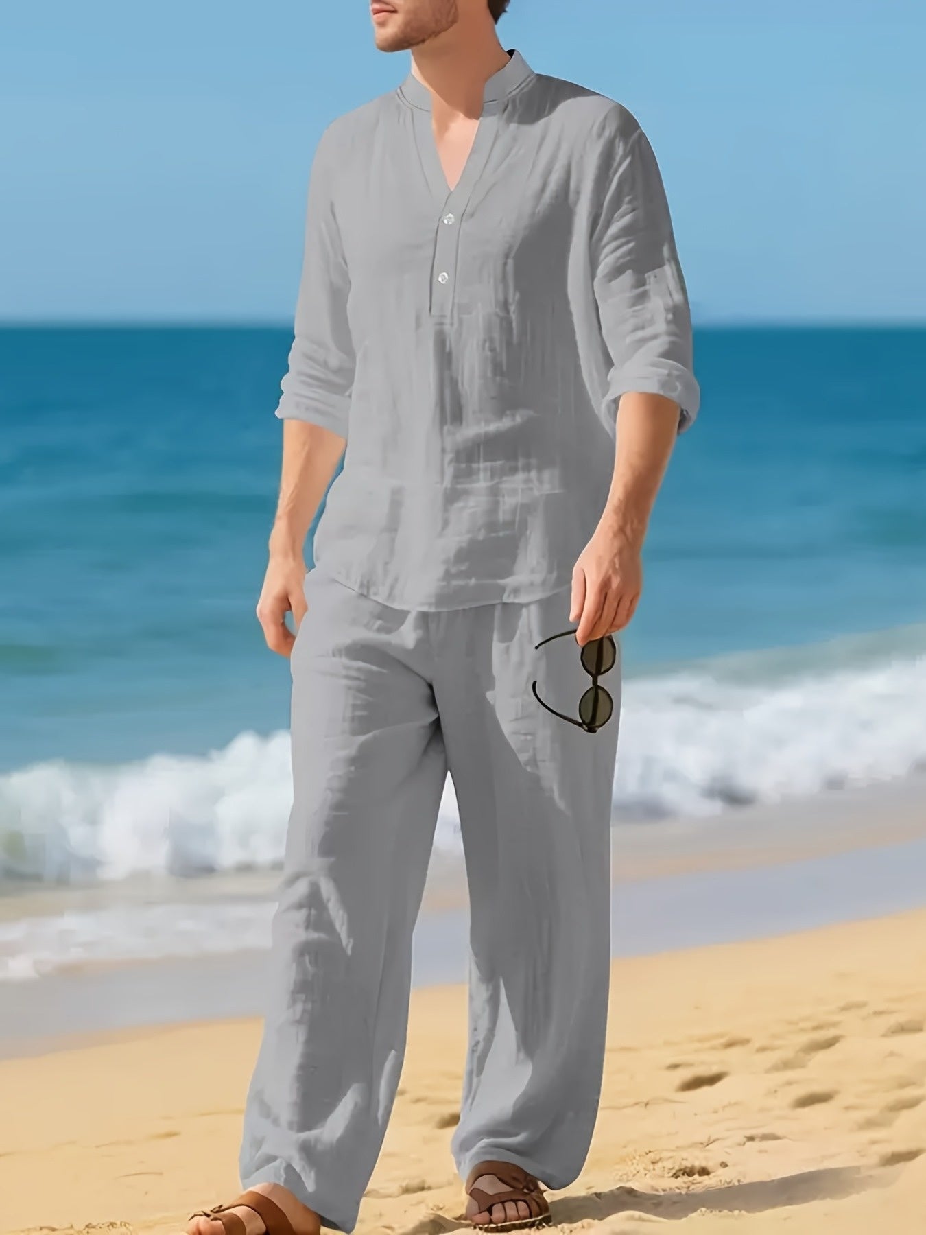 Men's white linen shirt and trouser co-ord set
