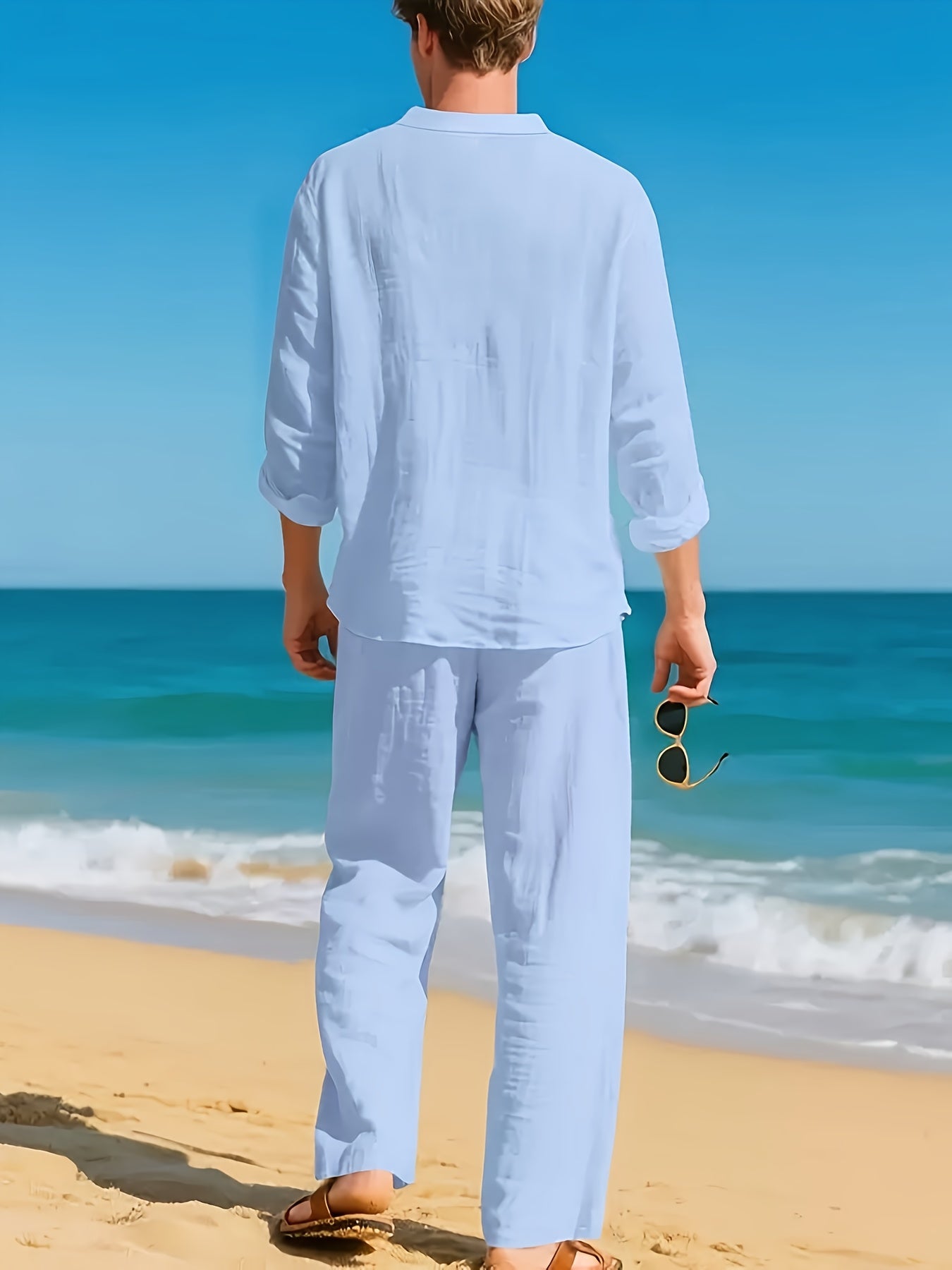 Men's beige linen shirt and trouser co-ord set