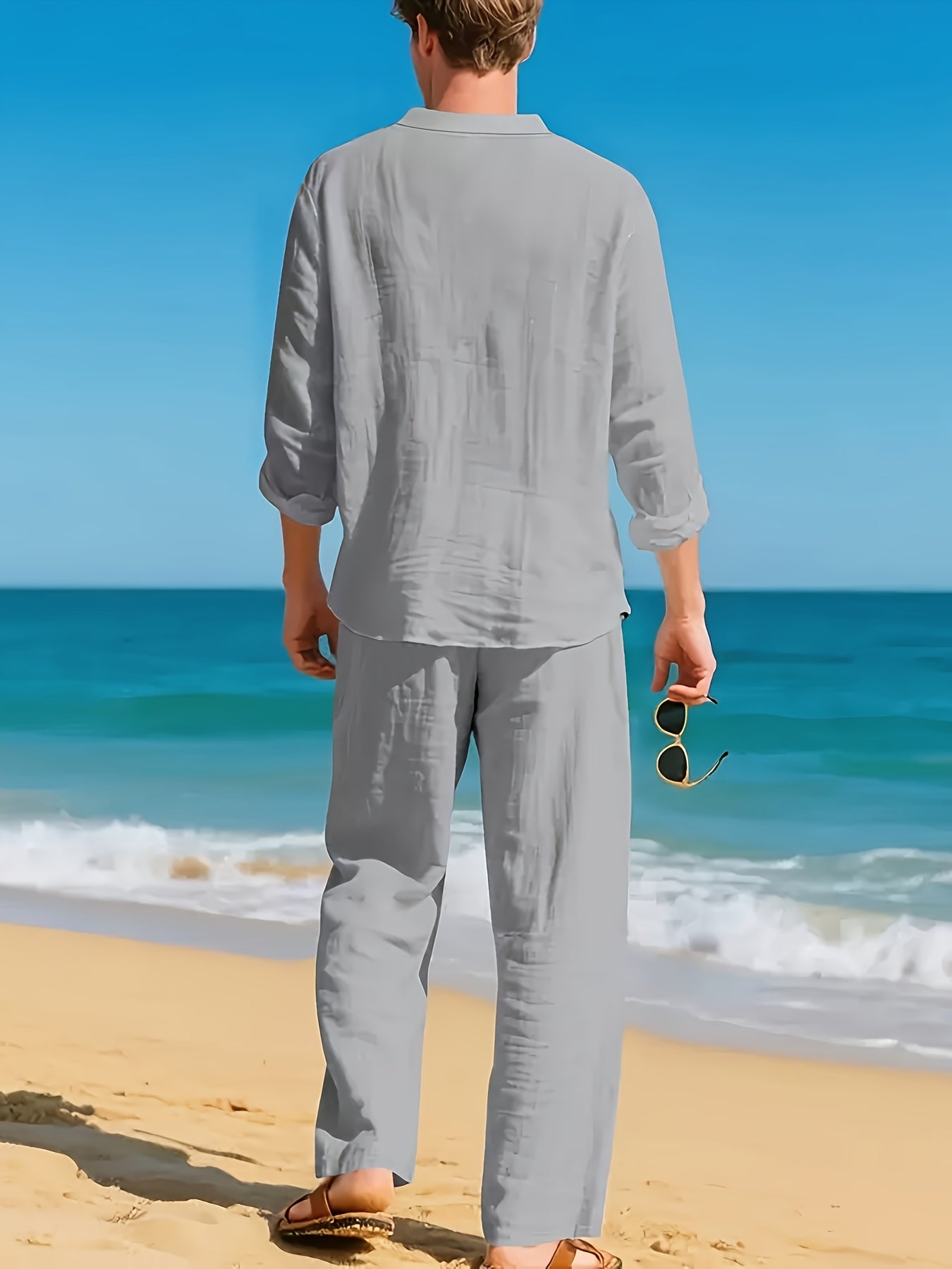 Men's beige linen shirt and trouser co-ord set