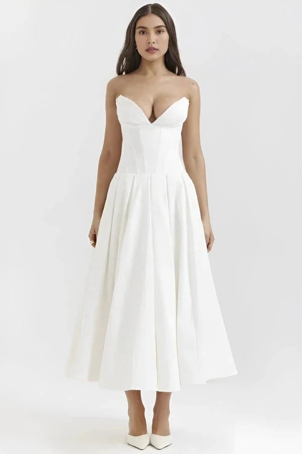 Women's white corset midi dress with a structured bodice and full skirt