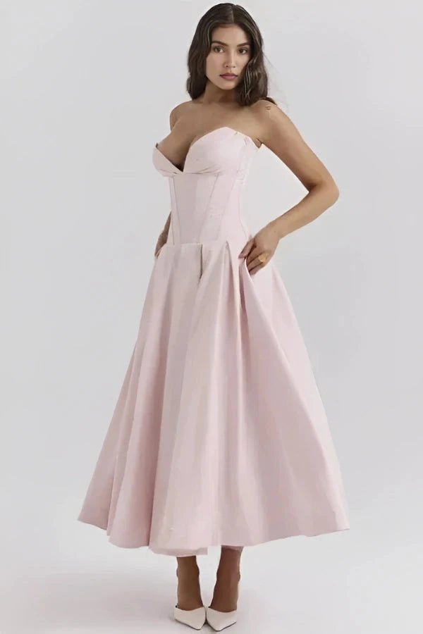 Women's lilac corset midi dress with a structured bodice and full skirt