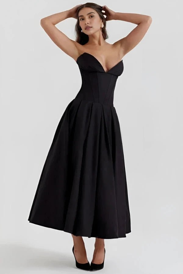 Women's white corset midi dress with a structured bodice and full skirt
