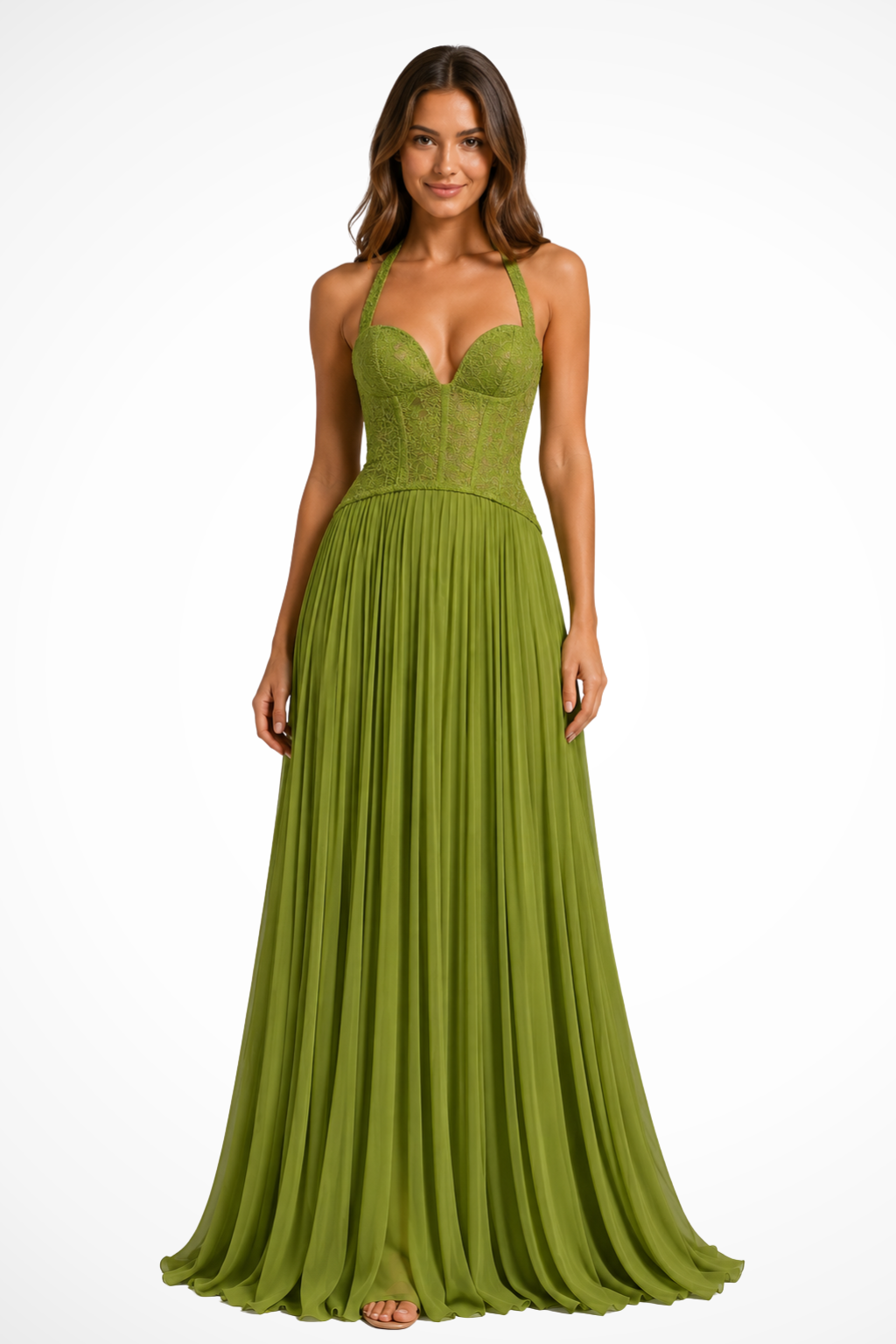 Women's green halter lace corset pleated maxi dress