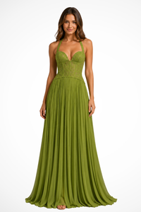 Women's Halter Lace Corset Pleated Wedding Guest Maxi Dress