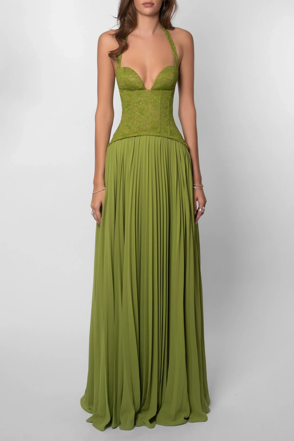Women's green halter lace corset pleated maxi dress