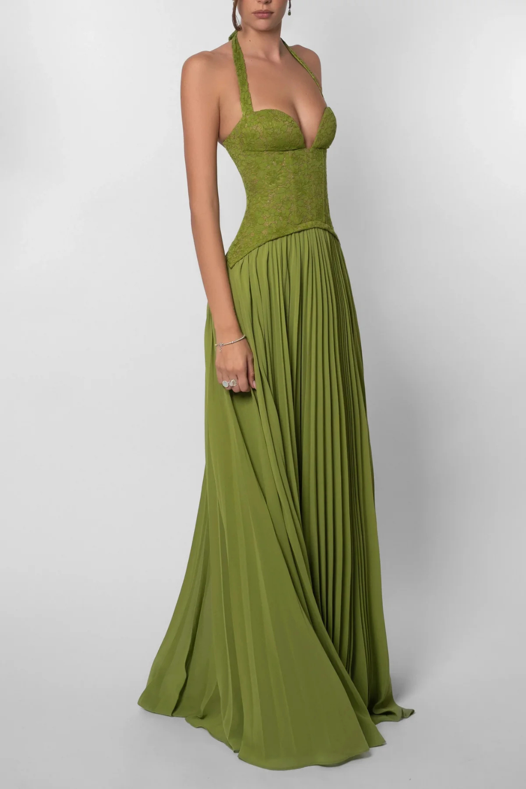 Women's halter lace corset pleated maxi dress