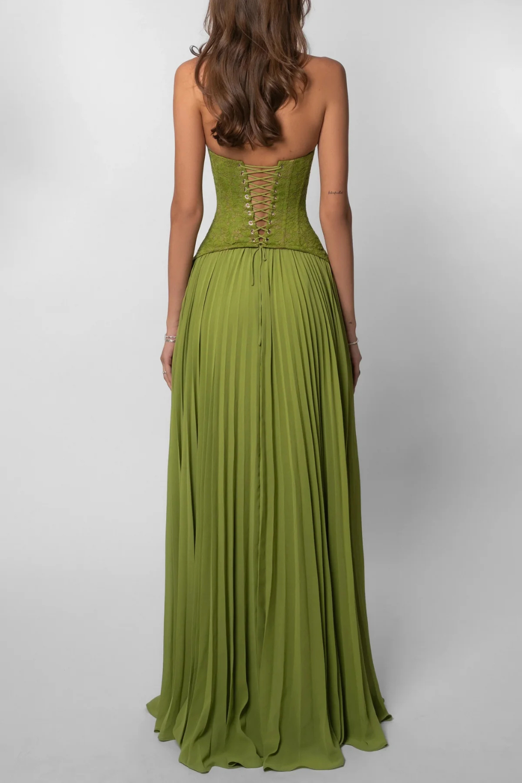 Women's halter lace corset pleated maxi dress