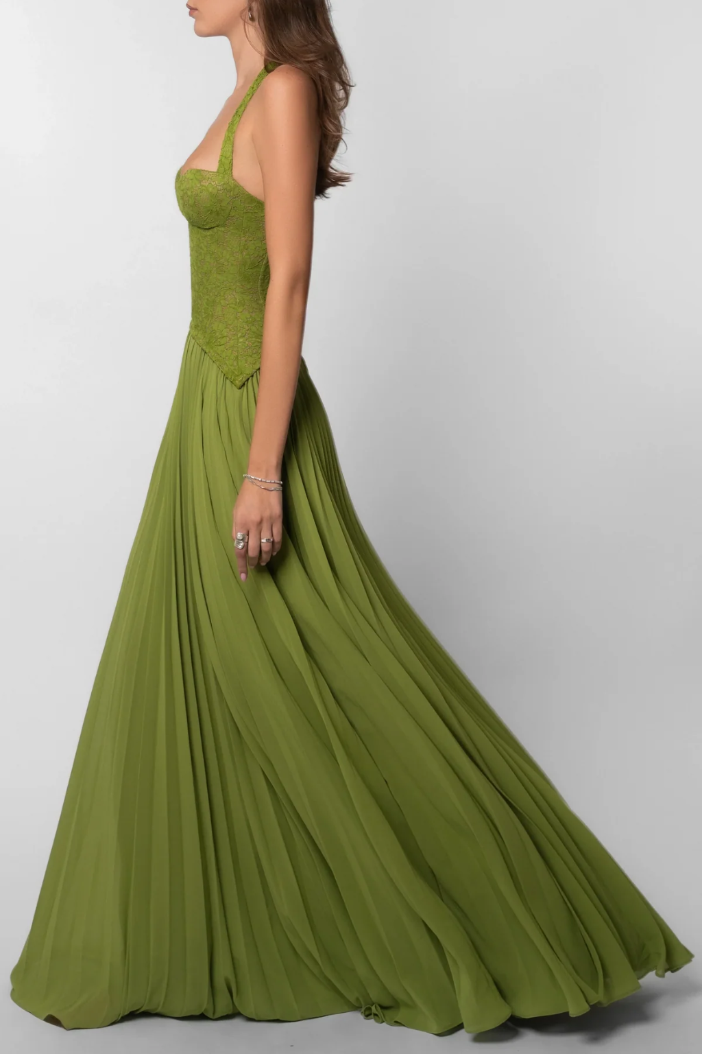 Women's halter lace corset pleated maxi dress