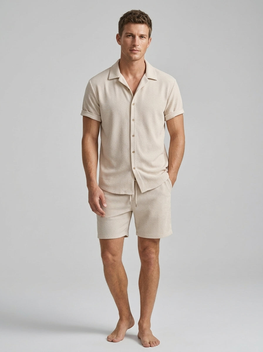 Men's light brown shirt and shorts co-ord summer set