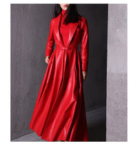 Women's Double-Breasted Maxi Leather Trench Coat for Evening