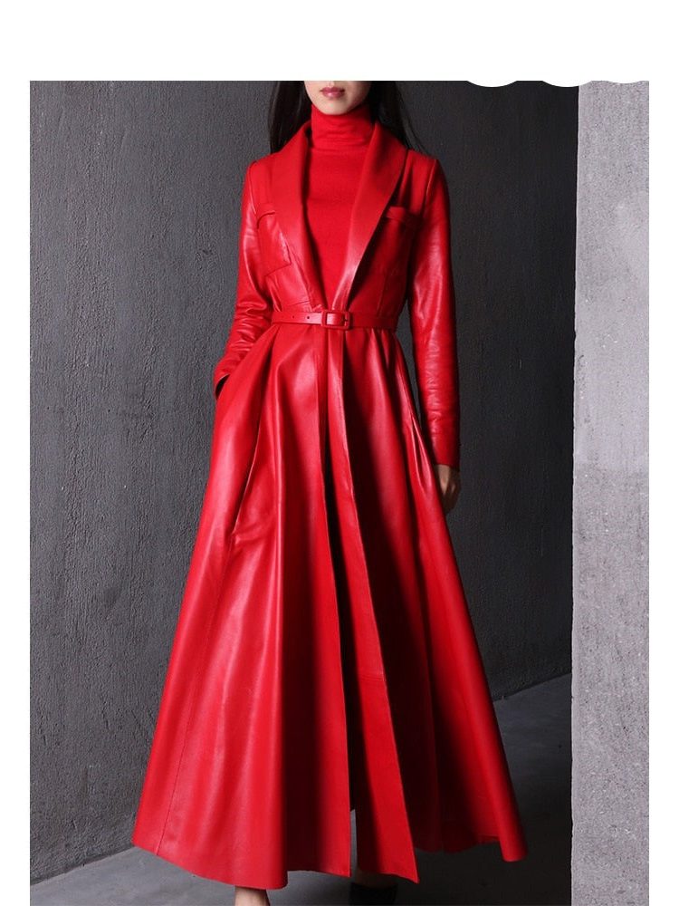 women's double-breasted maxi leather trench coat for evening in red