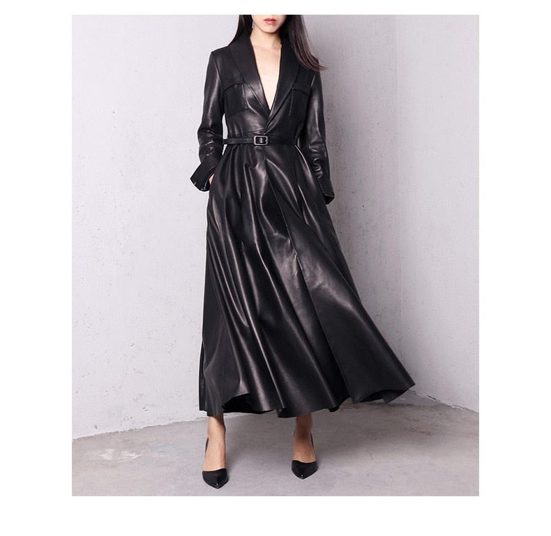 women's double-breasted maxi leather trench coat for evening in red